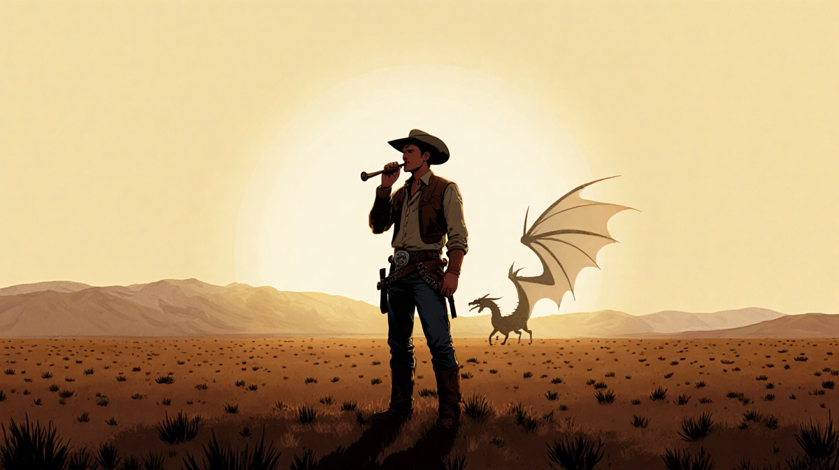 Lone cowboy whistling in vast western landscape with warm light and subtle dragon shape in distant hills