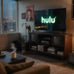 Cozy living room with Hulu logo on TV screen and city skyline visible through window with vintage decor and posters