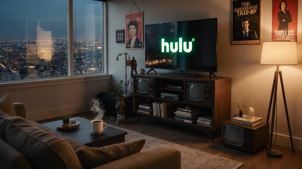 Cozy living room with Hulu logo on TV screen and city skyline visible through window with vintage decor and posters