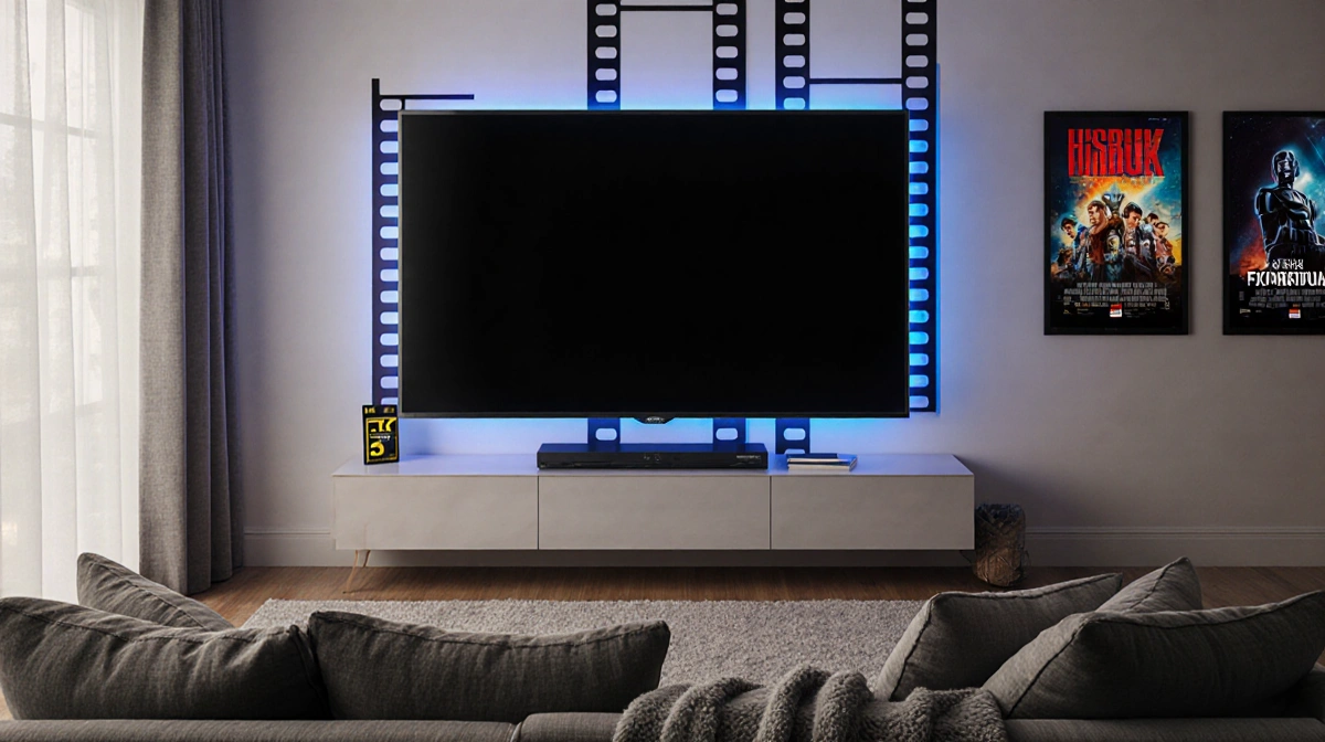 Cozy living room shows a large 75-inch TV centered with couch and pillows under dim cinematic lighting