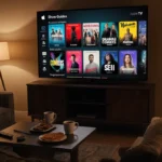 TV screen shows Apple TV poster collage with couch and lamps and snacks in cozy lighting