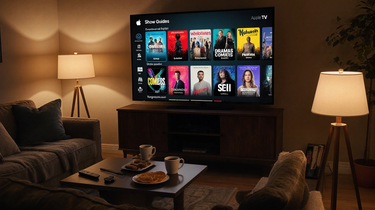 TV screen shows Apple TV poster collage with couch and lamps and snacks in cozy lighting