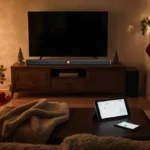 Living room welcomes a new TV with a JBL soundbar on the coffee table and a tablet nearby surrounded by holiday décor.