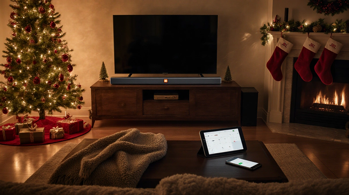 Living room welcomes a new TV with a JBL soundbar on the coffee table and a tablet nearby surrounded by holiday décor.