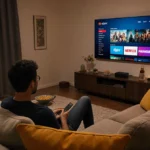 Person sitting on living couch using remotes with warm lighting and TV showing Disney and HBO content near a bowl of snacks