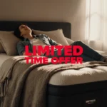 Relaxed person testing mattress comfort with pillows and blankets while soft window light fills the room