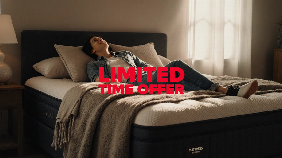 Relaxed person testing mattress comfort with pillows and blankets while soft window light fills the room