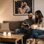 Couple relaxes on couch with laptop and candles in warm living room and framed photo of embracing couples on wall