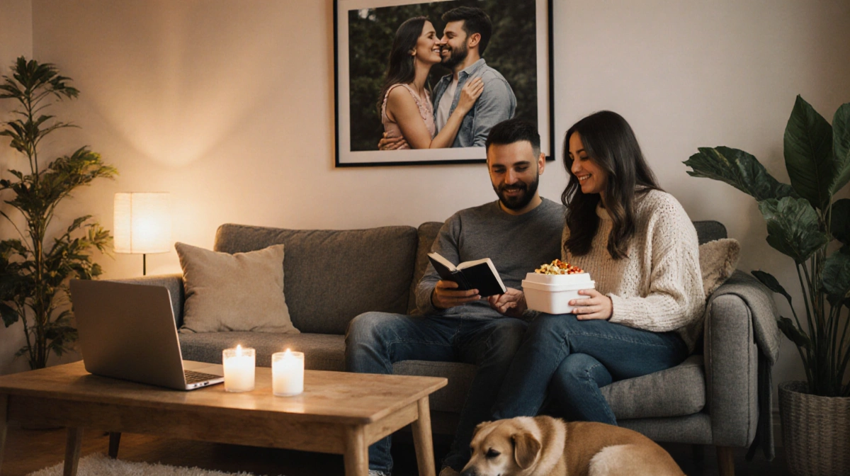 Couple relaxes on couch with laptop and candles in warm living room and framed photo of embracing couples on wall