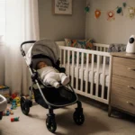 Baby sleeping peacefully in stroller with organized nursery furniture and soft natural light from window
