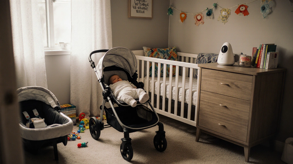 Baby sleeping peacefully in stroller with organized nursery furniture and soft natural light from window