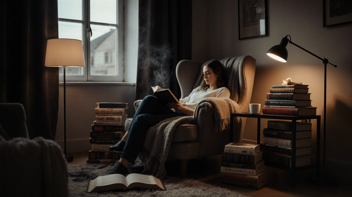 Woman curled up in a cozy reading nook with a steaming cup and stacks of open books beside her armchair