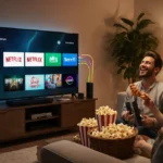 Two friends laughing together on couch with popcorn and streaming apps on TV showing colorful entertainment setup