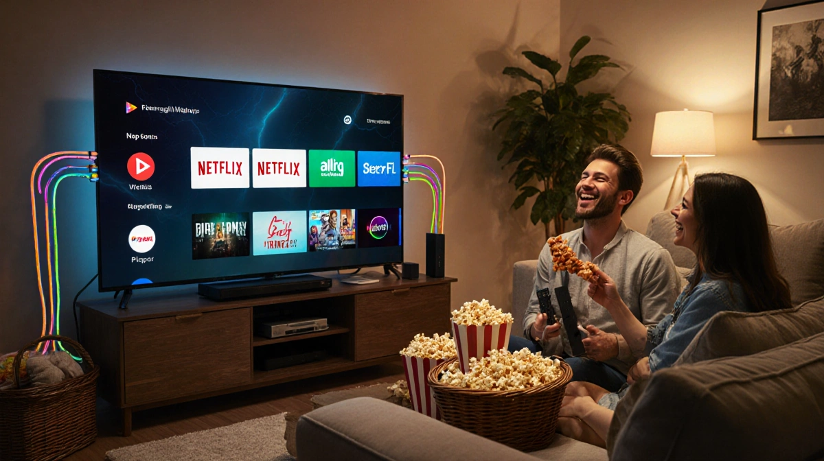 Two friends laughing together on couch with popcorn and streaming apps on TV showing colorful entertainment setup