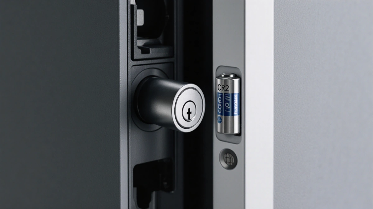 A single CR2 lithium battery powers the Level Lock Pro with the lock's internal mechanism visible through an open panel and m
