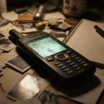 Old cracked dumbphone glowing on cluttered desk with scattered photos and notebook pages