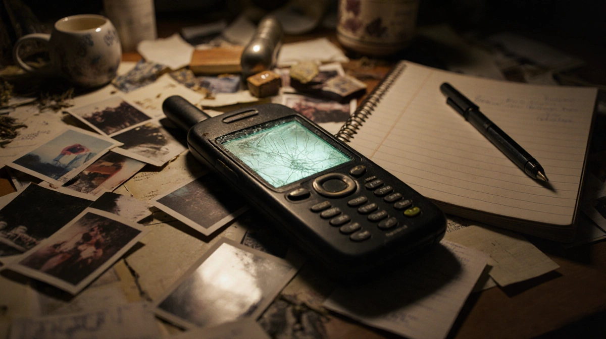 Old cracked dumbphone glowing on cluttered desk with scattered photos and notebook pages