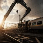 Construction crane crashing into speeding bullet train with shattered windows and debris scattered across tracks