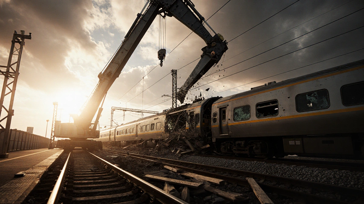Construction crane crashing into speeding bullet train with shattered windows and debris scattered across tracks