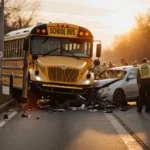 Overturned school bus lies on its side with crashed car wedged into the front and emergency responders treating victims as th