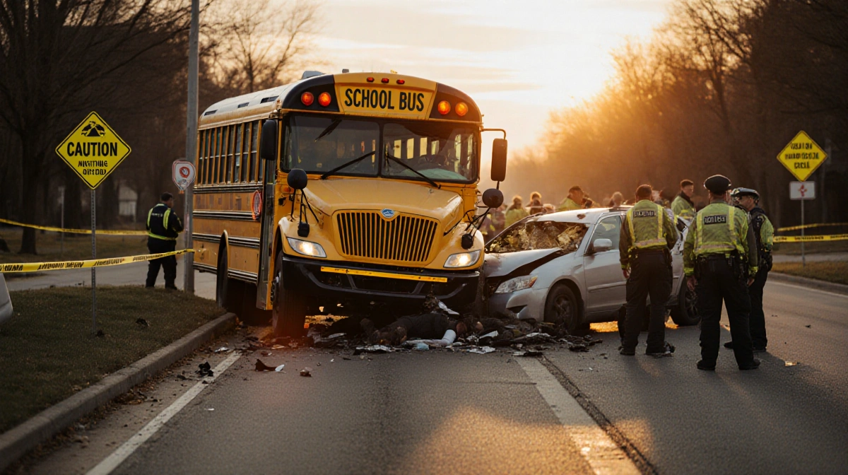 Overturned school bus lies on its side with crashed car wedged into the front and emergency responders treating victims as th