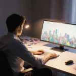 Person sits at sleek creative desk with warm laptop glow and faint cityscape outline.