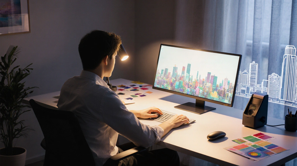 Person sits at sleek creative desk with warm laptop glow and faint cityscape outline.