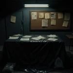 Crime scene table covered with dark plastic sheet and faint evidence outlines under flickering fluorescent light