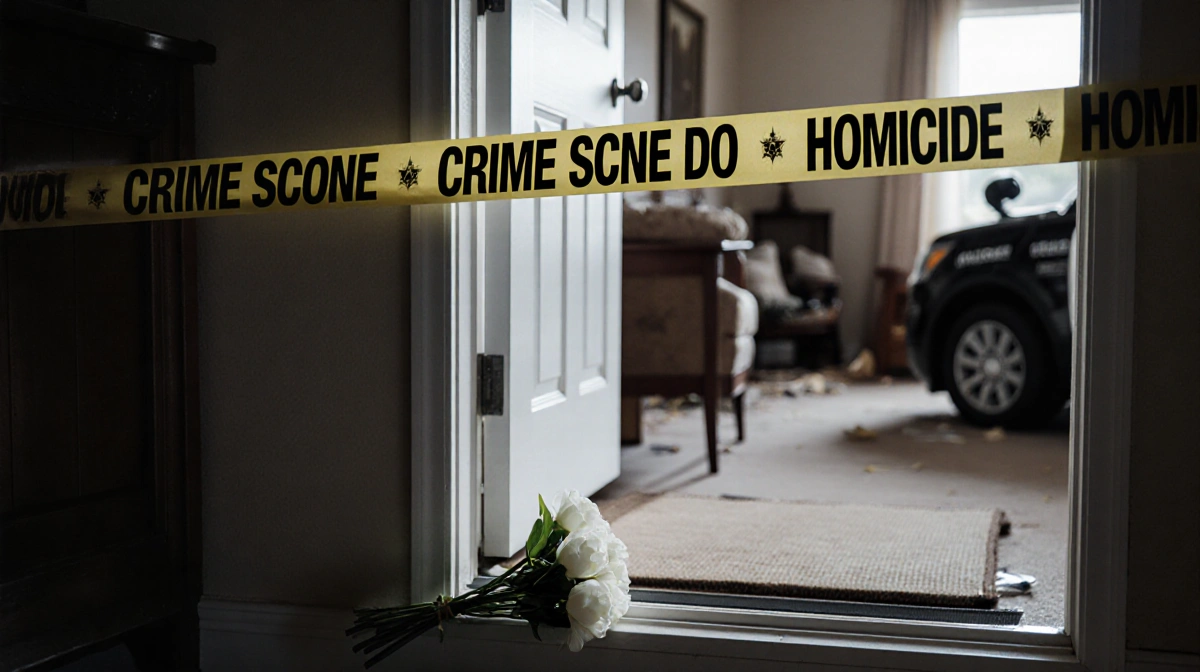 Crime scene tape tied to suburban home door with homicide sticker and white flowers on porch step beside parked police vehicl