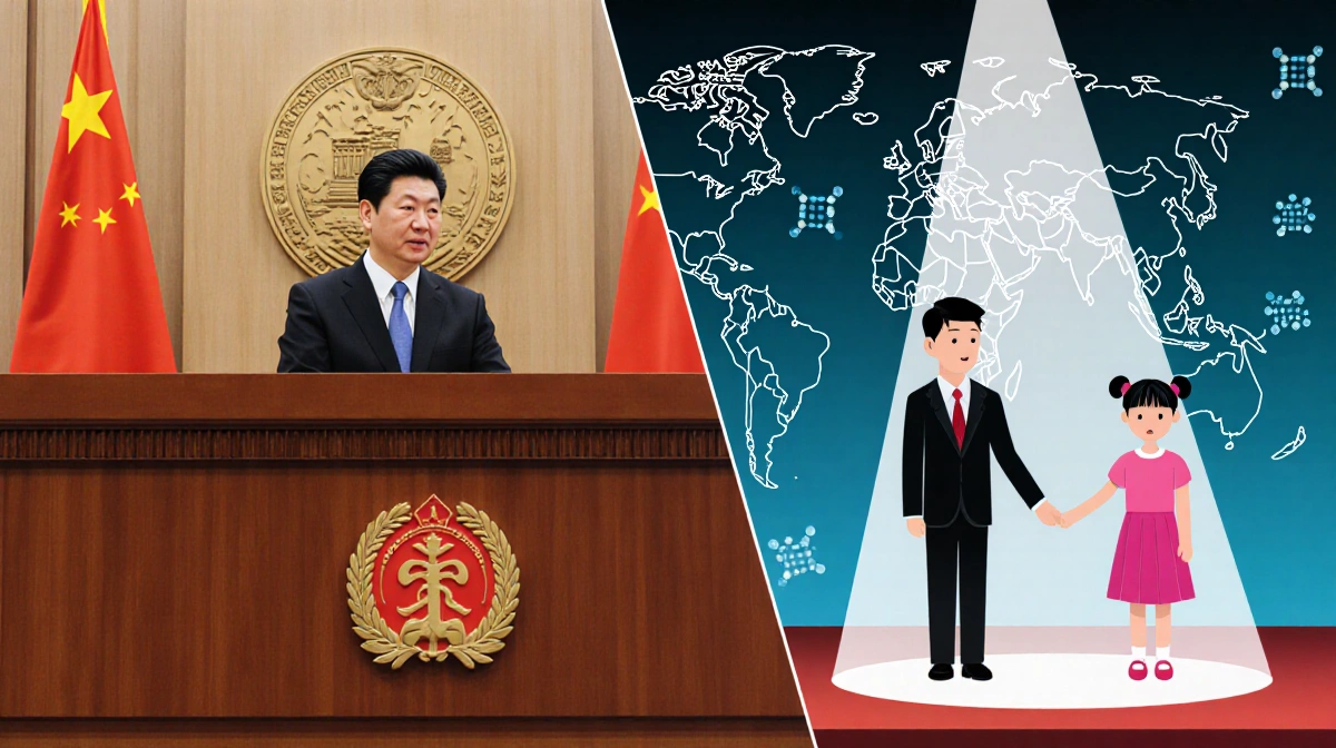 Split screen showing Chinese courtroom with law symbol and Hong Kong conference stage where scientist He stands with twin gir