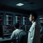 Doctor monitoring critical patient vitals on glowing screens with servers and error messages showing in dark lab