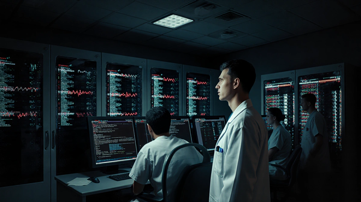 Doctor monitoring critical patient vitals on glowing screens with servers and error messages showing in dark lab