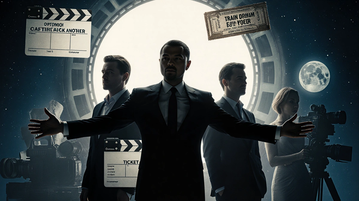 Michael B. Jordan extends arm as if holding an award with fellow nominees watching and a dimly lit backdrop of camera silhoue