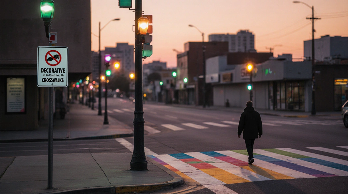 Pedestrian walking alone across a gray crosswalk with bright streetlights and a blurred office background at dusk
