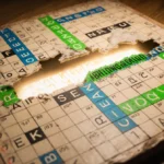 Wooden crossword puzzle board displays vibrant letters with bright green and blue answers and a glowing center.