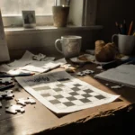 A cluttered desk holds a crossword puzzle with hints and a coffee cup beside glowing natural light for a study session.