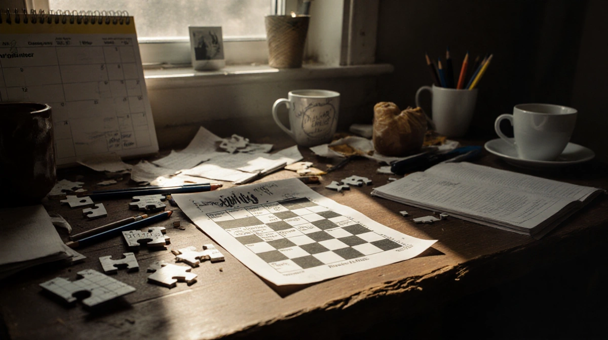 A cluttered desk holds a crossword puzzle with hints and a coffee cup beside glowing natural light for a study session.