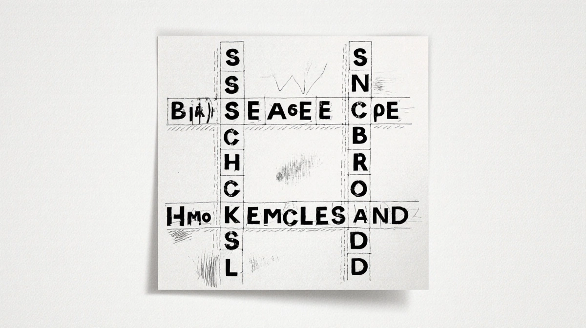 Puzzle grid displaying crossword words at intersections with paper texture and pencil smudges.