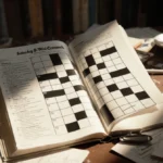Crossword puzzle book opens to answer page with warm light highlighting clues and scattered pens on a cluttered desk