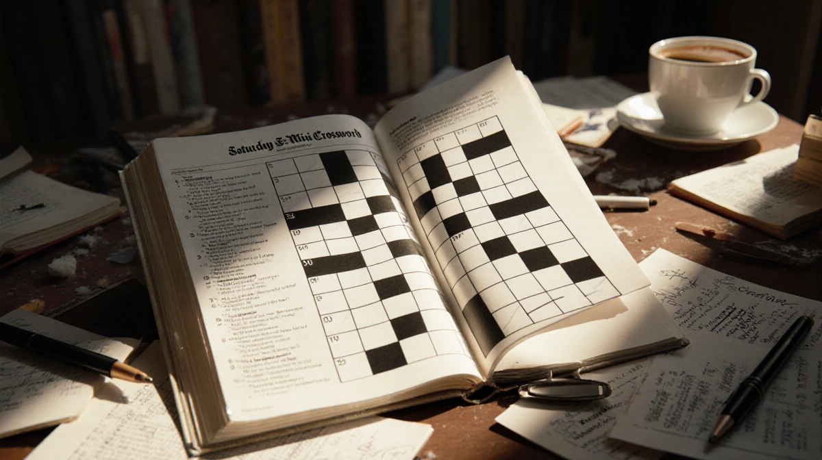Crossword puzzle book opens to answer page with warm light highlighting clues and scattered pens on a cluttered desk