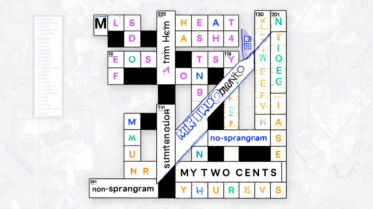 Crossword grid revealing word MYTWOCENTS with highlighted path showing movement and discovery with colorful clues in backgrou