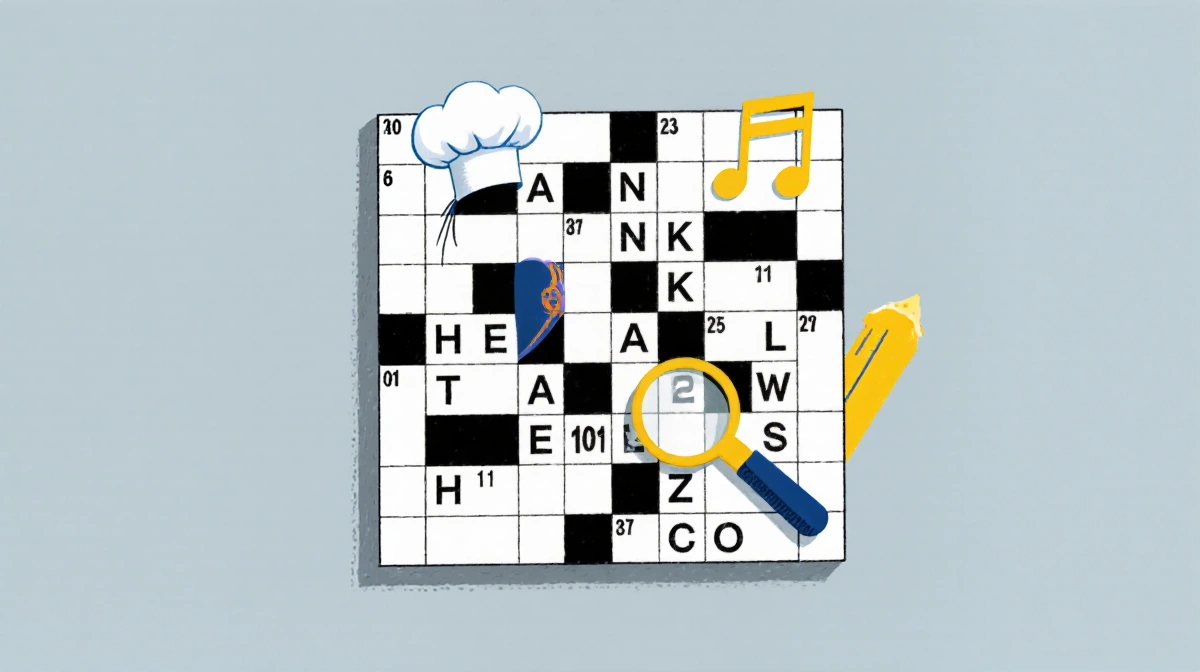 Crossword puzzle grid solving with chef's hat above Italian and magnifying glass checking answers