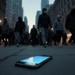 Abandoned smartphone glows blue on crowded sidewalk with masked pedestrians and towering skyscrapers showing urban privacy ri