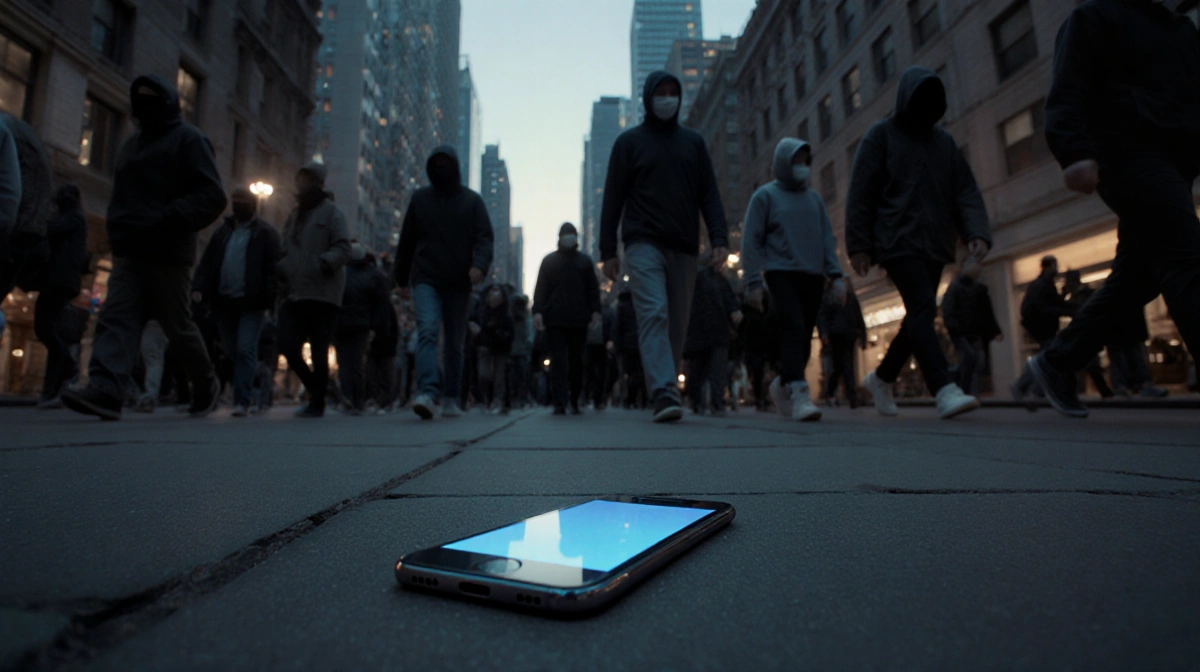 Abandoned smartphone glows blue on crowded sidewalk with masked pedestrians and towering skyscrapers showing urban privacy ri