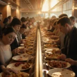Passengers clutching stomachs in buffet line with spilled food and concerned faces showing illness