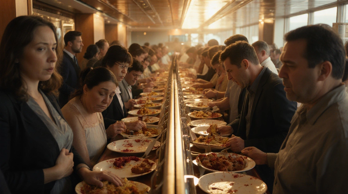 Passengers clutching stomachs in buffet line with spilled food and concerned faces showing illness