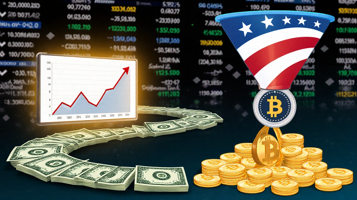 Dollar bills wind from crypto chart to donation funnel with blockchain patterns and financial ticker background