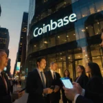 Senators and crypto executives discussing blockchain policy outside Coinbase
