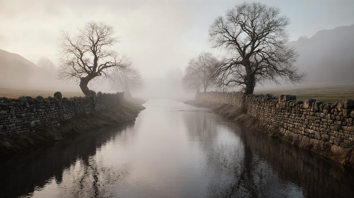 Two ancient rivers meet in Cumnock Scotland with morning mist rising over weathered stone walls and gnarled trees