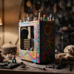 Custom painted computer case sits on cluttered desk with tiny figurines and warm lamp light